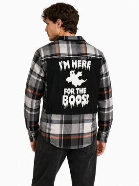 Weatherproof Vintage Men’s L/G Plaid Halloween Ghost Upcycled Flannel Shirt